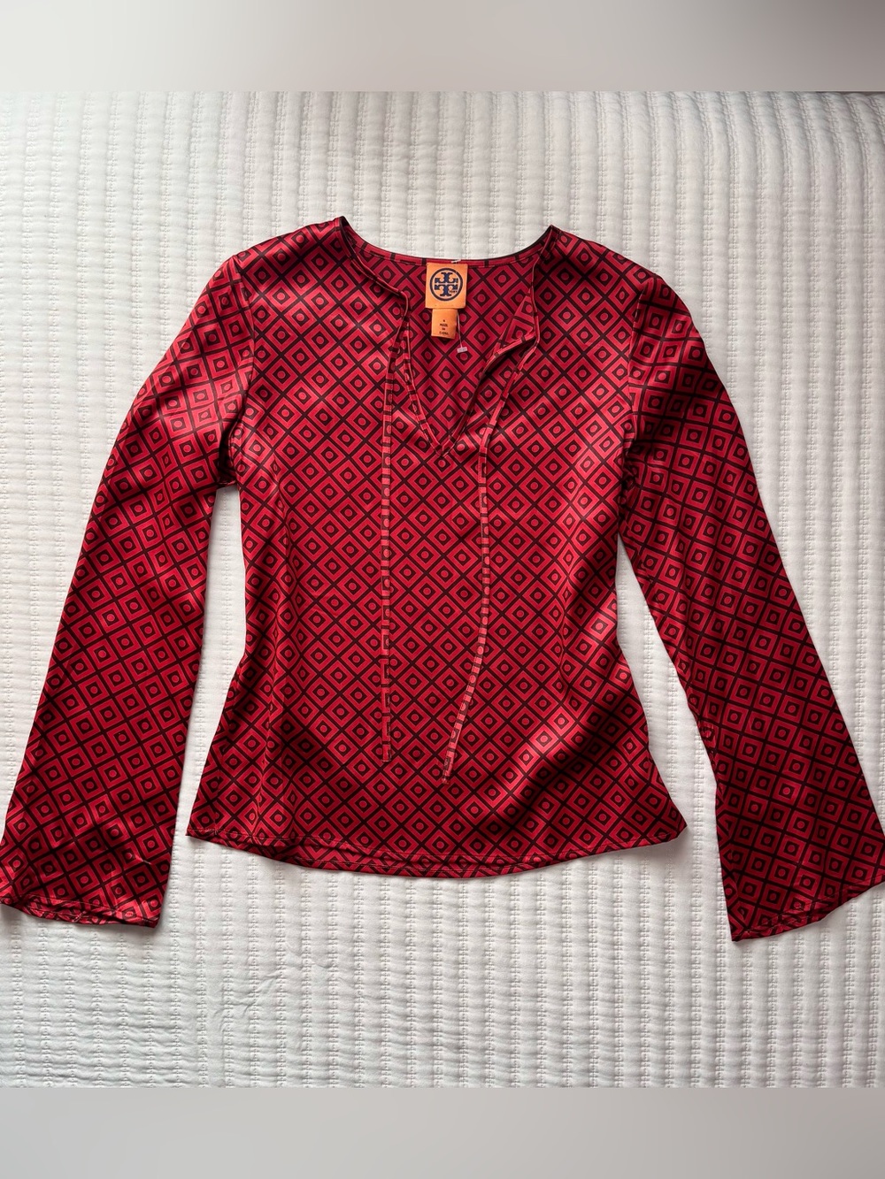 Tory Burch 100% Silk Red Flowy Long Sleeve V Tie Neck Top - Small